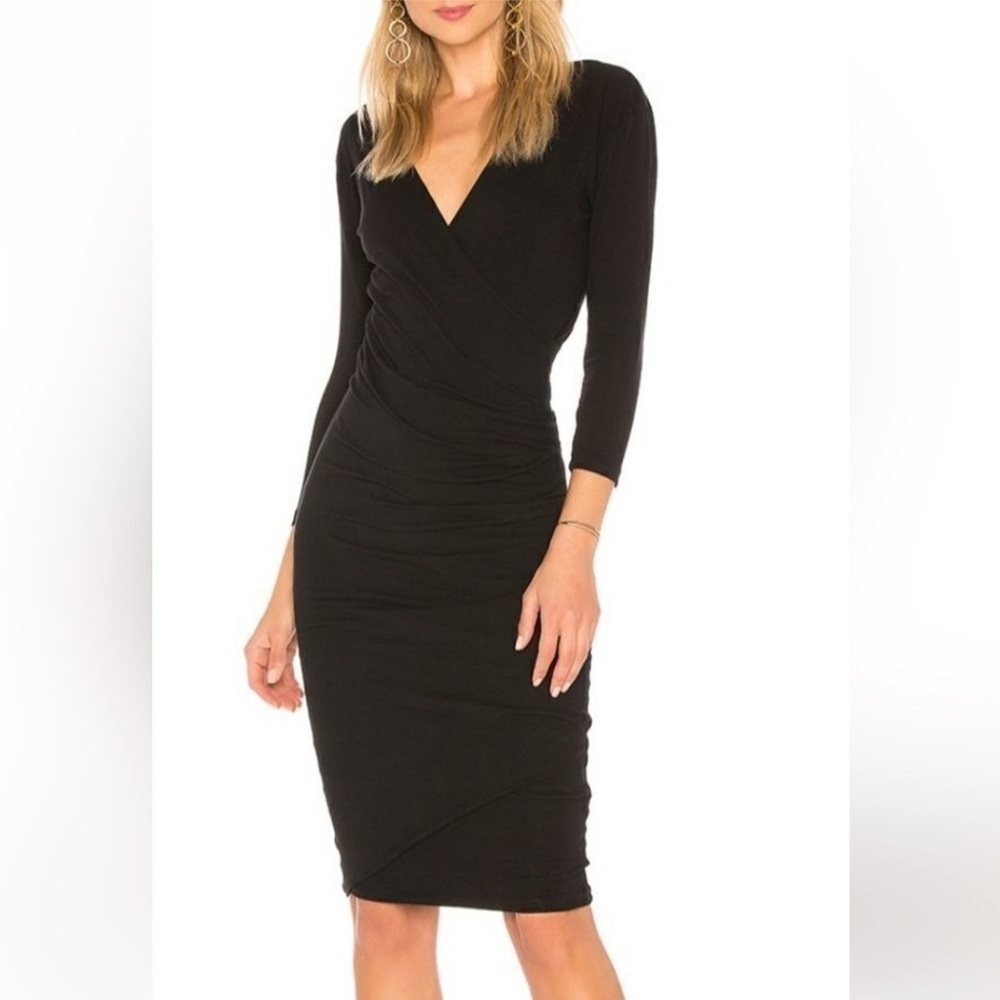 James Perse Black Deep V Neck Long Sleeve Ruched Bodycon Midi Dress 4 Minimalist